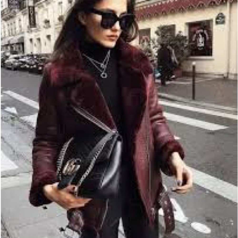 Women's Zara Burgundy Faux Fur Aviator Coat